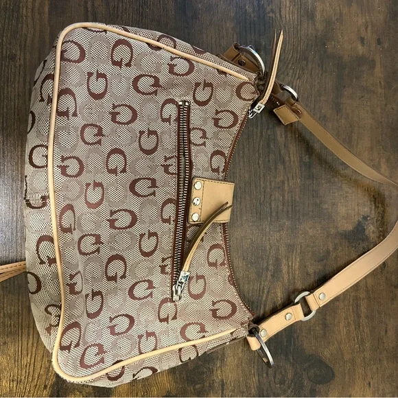 Guess Vintage Y2K Tan Brown Shoulder Bag Monogram Logo Hand Bag Zipper Pockets - Picture 2 of 7